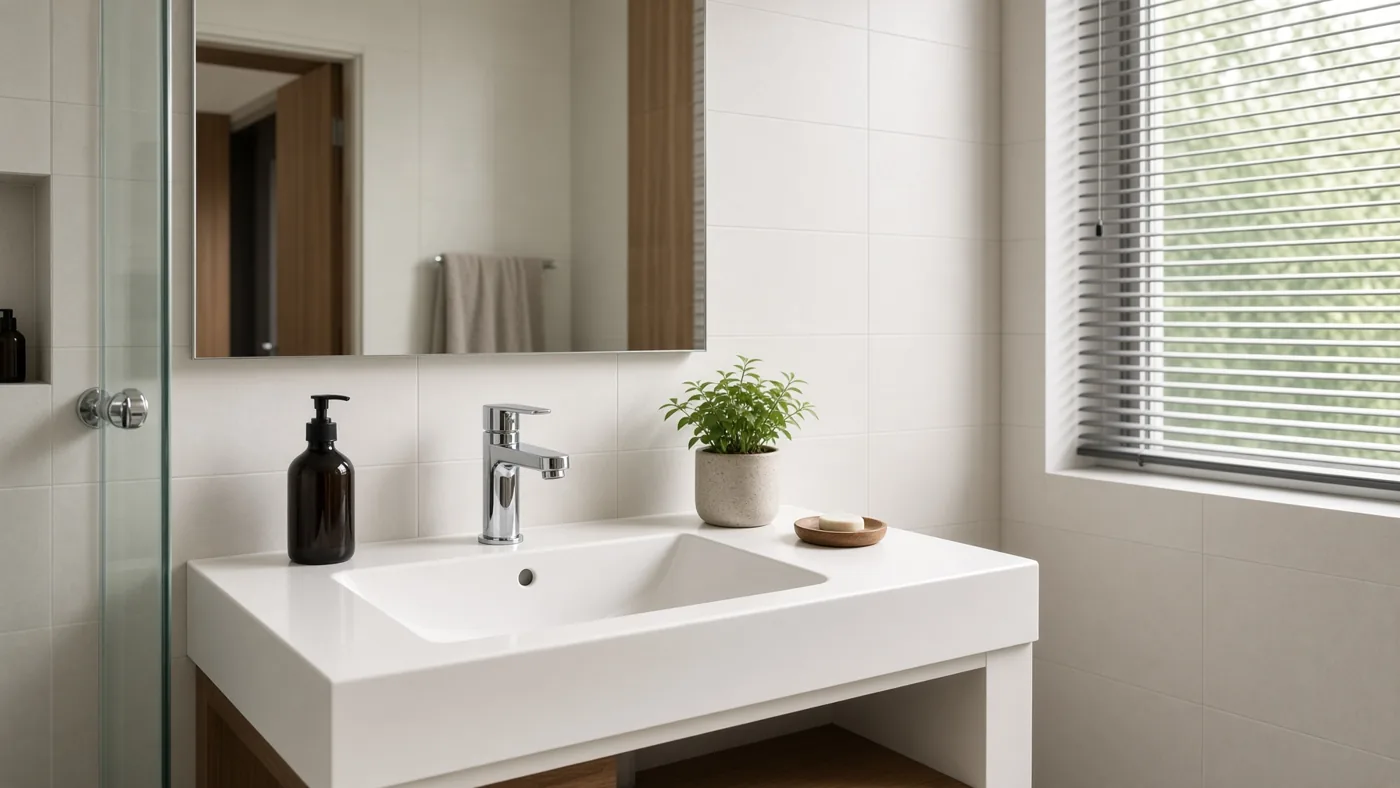 Wastafel kamar mandi dengan keran krom